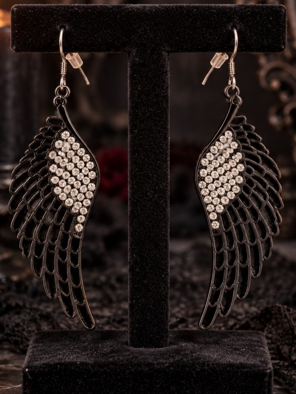 Black Goth Earrings Wings Wing Winged Crystals Whimsigoth - Pre-loved (3.5")